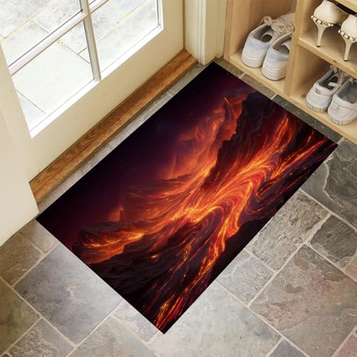 Felpudo de Interior 90x150cm, Diseño de Río De Lava Brillante, Lavable Antideslizante, Alfombrilla Paisaje De Fantasía Plegable de Pelo Corto para Entrada, Alfombra Fácil de Limpiar, Rojo oscuro