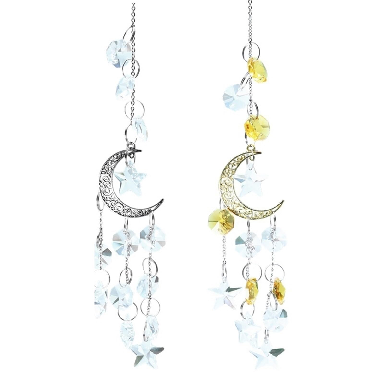 Ppqiru Silver 2Pcs Artificial Crystal Suncatcher Charm Pentagon Star Bell Moon Wind Chime Pendant Outdoor Garden Window For Decoration