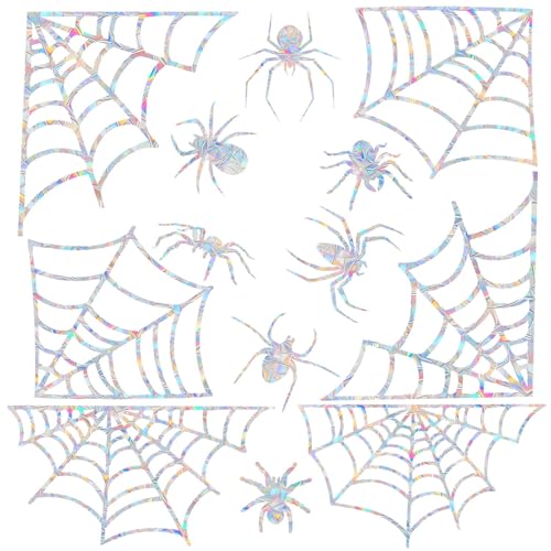 12 Pcs Spider Web and Spider Window Clings - Anti-Collision Decals to Save Birds, Non-Adhesive Prismatic Window Clings, Rainbow Stickers