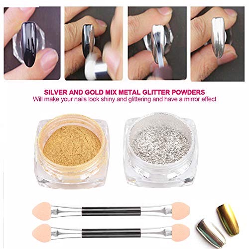 Nagel Spiegel Pulver, Glitzerpigmentpulver für Nägel, Maniküre Make up Dekoration Kit, 2 Farben Gold und Silber – Bild 3