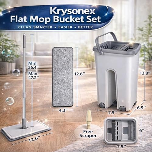 Image of Flat Mop with Bucket for Home Floor Cleaning | Wash & Dry System | Easy Water Control | Home Kitchen Bathroom Cleaning Tool (Pack of 1)