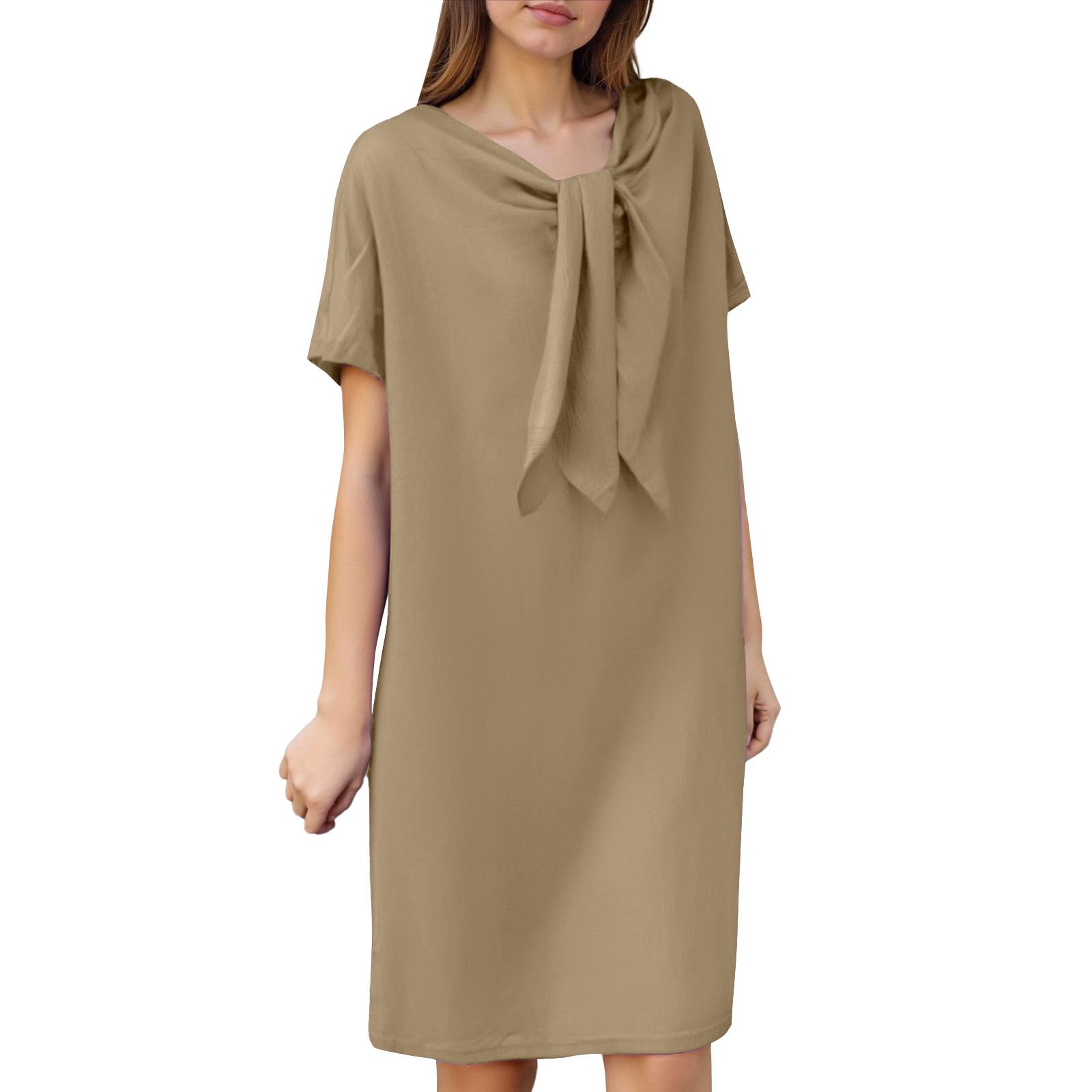 Summer Bohemian Style Blouse Long Skirt for Women Casual V Neck A Line Casual Dresses for Women Below Knee (Khaki, XXL)