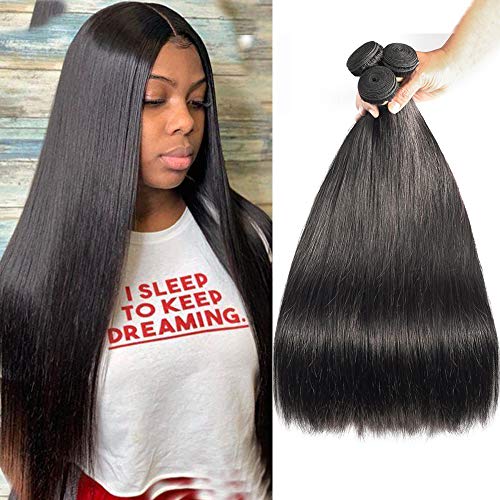 LUXEDIVA Brazilian Virgin Hair Straight 3 Bundles 10A Unprocessed Brazilian Short Straight Human Hair Weave Weft Natural Black 14 16 18