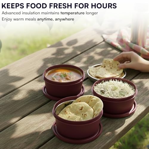 Image of PRESCO Insulated Lunch Box Set (3 Microwave Safe Inner Steel Containers,600 /450 /290ml; with Steel Spoon) with Insulated Fabric Bag, Lunch Box for Office Use, Leak Proof, Tiffin Box for Men