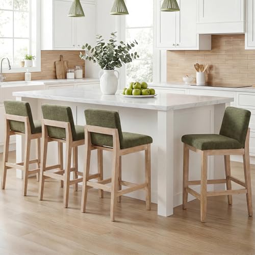 Image of Zesthouse Wood Bar Stools Counter Height Set of 4, 26 inch Modern Bar Stools with Back & Solid Wooden Leg, Mid Century Farmhouse Barstools, Green Linen High Chairs for Kitchen Island, Antique Brown Finish
