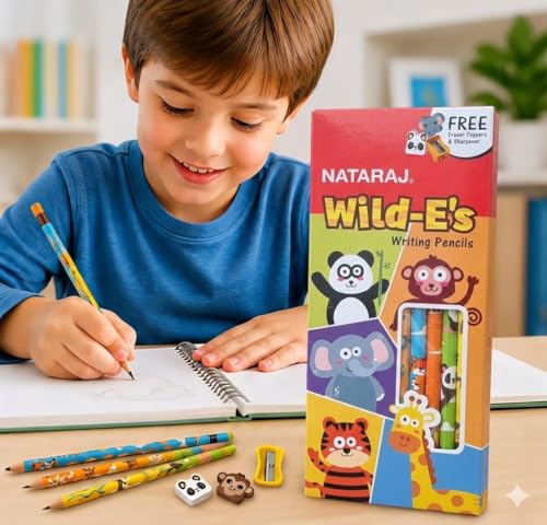 Nataraj Super Dark Wild-E's Wooden Graphite Pencils Pack of 10| Ergonomic Comfortable Grip| Easy Sharpening| Bold Writing-Low Pressure- FREE 2 Eraser Pencil Toppers & 1 Long Point Sharpener product image 6
