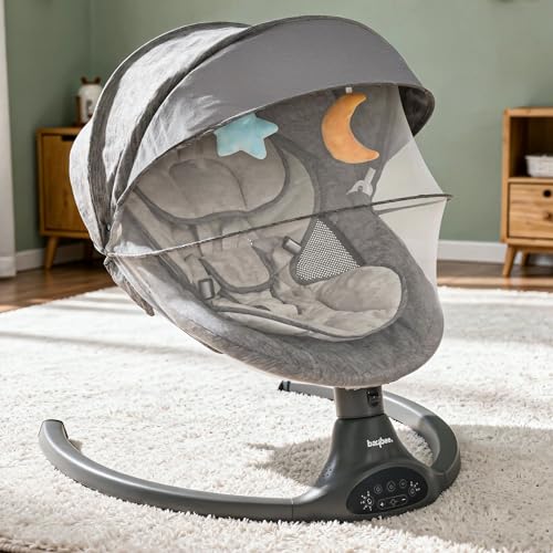 Image of Baybee Automatic Electric Baby Swing Cradle for Newborn with Adjustable Speed, Soothing Music, Rocker Function, Mosquito Net, Safety Belt & Removable Toys (Black)