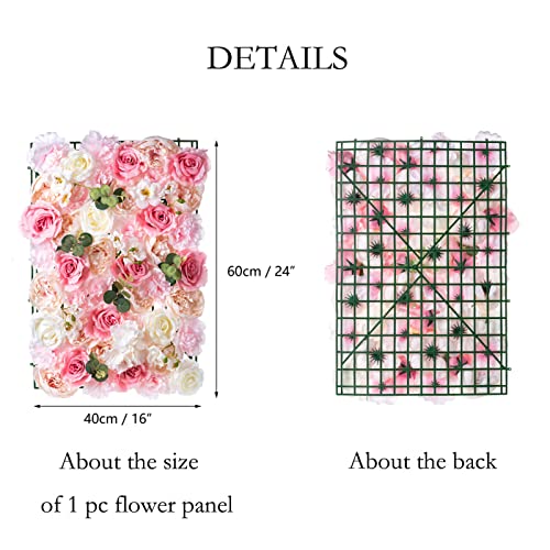 NUPTIO Flower Wall Panel for Backdrop: 12 Pcs 24 X 16 White & Pink Faux Roses Artificial Flower Backdrop for Wedding Party Bridal Baby Shower Decor