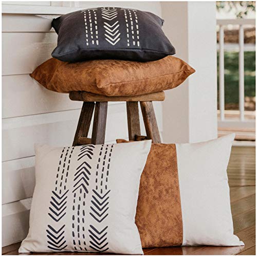 WILDIVORY Decorative Throw Pillow Covers for Couch, Boho Pillow Covers 18x18 Set of 4, Modern Farmhouse Pillow Covers for Living Room, Bed, Boho Decor, Boho Throw Pillows, Faux Leather Pillow Covers