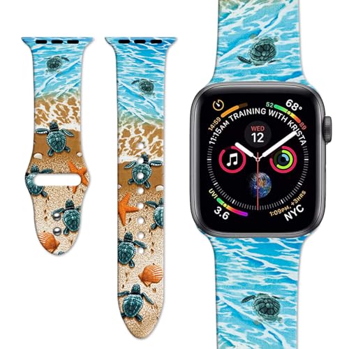 Sea Turtle Watch Bands Compatible with Apple Watch 42mm/44mm/45mm, Adjustable Turtles on The Beach Wristbands Soft Silicone Replacement Strap for iWatch Series 7 6 5 4 3 2 1 SE