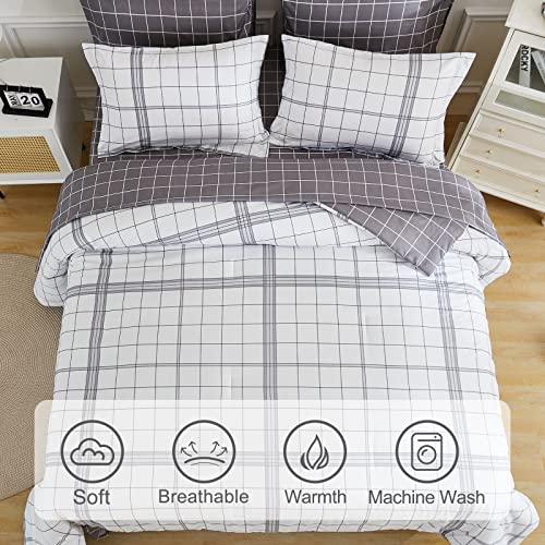Image of EMME Queen Comforter Set - 7-Piece Bed in a Bag for All Seaon, Ultra Soft Bedding Set with Comforter, Flat Sheet, Fitted Sheet, Pillowcase, Pillow Sham (Plaid-White, Full /Queen)