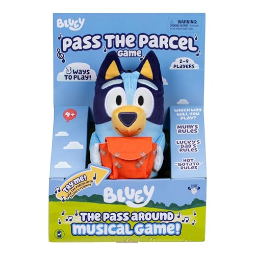 Bluey Pass the Parcel Musical Game Soft Huggable 8 (20 cm) Bluey Plush. Three Interactive Games to Play Incl. Hot Botato. Fun Family Game Party Game and Preschool Game Blue