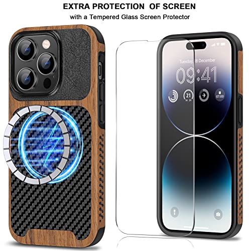 Tendlin Magnetic Case Compatible With Iphone 14 Pro Case Wood Grain With Carbon Fiber Texture Design Leather Hybrid Slim Case (Compatible With Magsafe) Black #TOP7