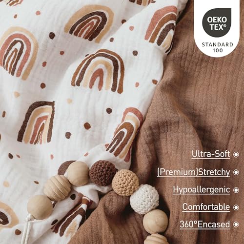Image of Muslin Bassinet Fitted Sheets 2 Pack, Soft Breathable Cotton Baby Bassinet Mattress Sheet Set, 360 Elastic Snug Fit, Universal for Oval, Rectangle (Cute Rainbow, Bassinet Sheets 2 Pack)
