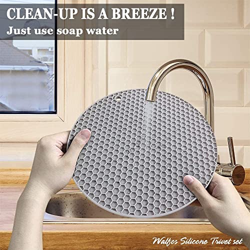 Image of Walfos Silicone Trivet Mats - 4 Heat Resistant Pot Holders, Multipurpose Non-Slip Hot Pads for Kitchen Potholders, Hot Dishers, Jar Opener, Spoon Holder, Food Grade Silicone & BPA Free (Round)