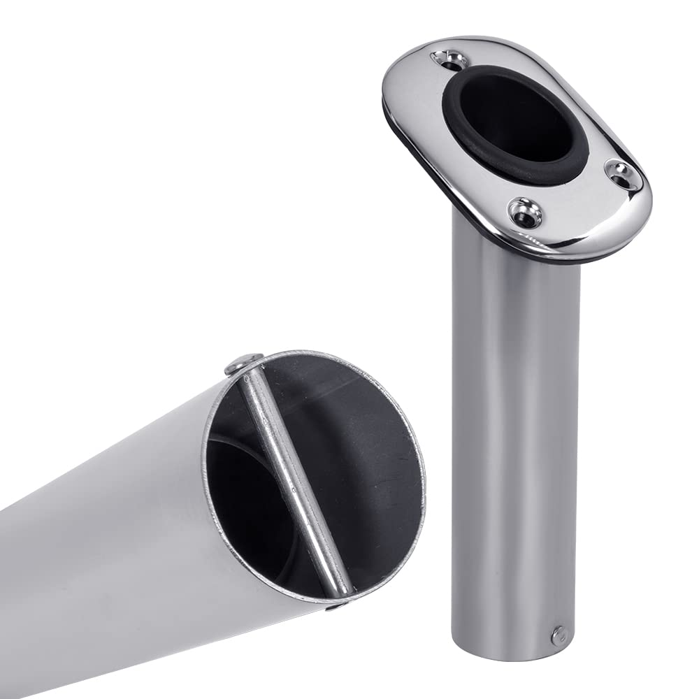 White Water 57738S-4PK Marine Stainless Steel 30° Flush Mount Fishing Rod Holders – Heavy Duty with Black PVC Liner, UV-Resistant, Oblong Base for Boats & Decks (4 Pack)