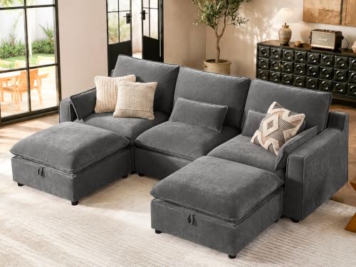 Image of WorthFurni Modern Modular Sectional Sofa,103 inch U Shape Minimalist Couch with Storage Ottoman,Comfty 4 Seat Sofa for Living Room,Grey Chenille