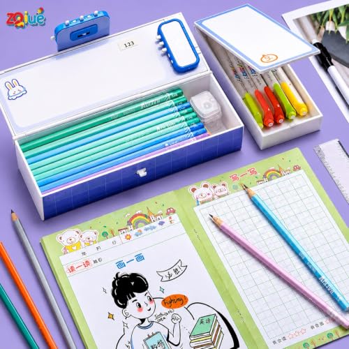Image of Red Unicorn Pencil Box Set with Eraser & 10 Color Pen for Girls-Boys | Unicorn-themed pencil box set with lock, mirror, eraser and 10-color pen for organized school supplies.