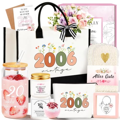 TUZELIYA 20 Geburtstag Frauen 8tlg. Geburtstagsgeschenk für frauen mit Vintage 2006 Canvas Einkaufstasche 20. Geburtstag Geschenkset mit Grußkarte für Beste Freundin Freundin und Schwester