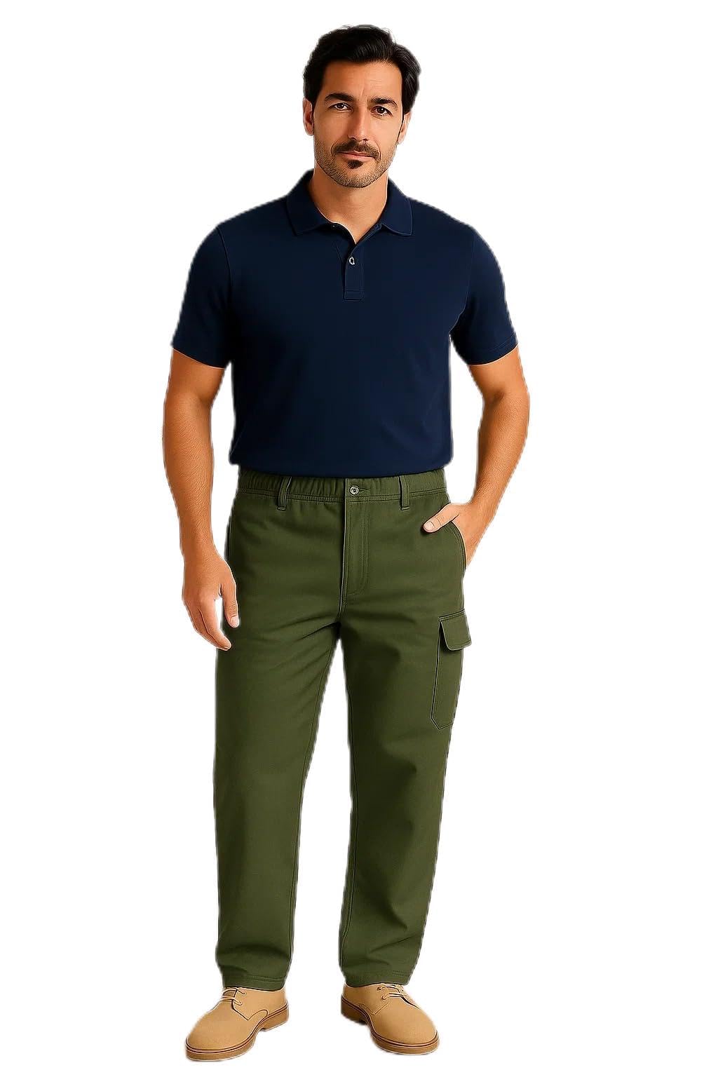 Men's Cargo Trousers, Elasticated Waist, 6 Pockets, Open Hem, Chino Style - 2388 (UK, Waist & Inseam, 40, 31, Olive)