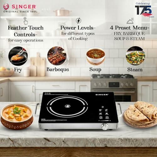 Image of SINGER Infrared Venus Pro 2200W Induction Cooktop | Glass Top | Touch Control | 4 Preset Modes | Zero Flame Cooking | 3-Hour Timer | Suitable for All Utensils | Grill Set Included - Black