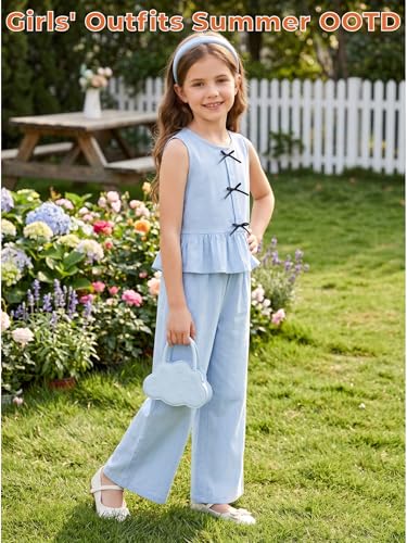 Image of Girls' Clothing Sets Sleeveless Bow Crop Top Wide Leg Linen Pants 2026 Summer Outfits Cute Kids Clothes