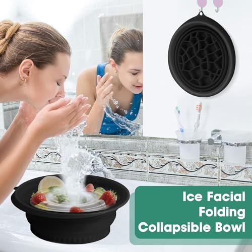 Image of (1 pic Hook) with Silicone Face Bowl for Ice with Built-in Icetray, Collapsible Face Tub for Ice Bath, Facial Ice Plunge Bowl, Ice Water Facials at Home Black