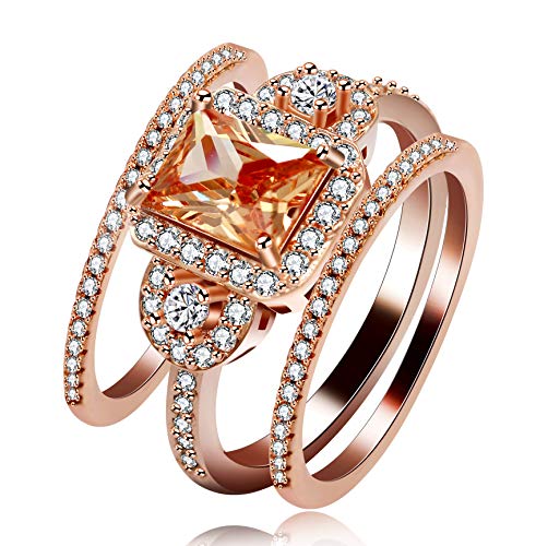 Uloveido 3pcs Rose Gold Plated Emerald Cut Orange AAA Cubic Zirconia 3-Stone Cross Engagement Wedding Rings Set Gift (Size 6 7 8 9 10) Y434