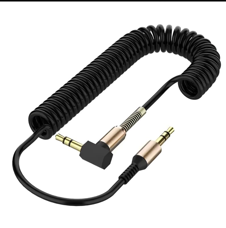 Image of skysia 3.5mm AUX Cable - Spiral Spring Male-to-Male Audio Cord with 90 Right Angle Jack, Stretchable & Tangle-Free Steel Spring Design for Car, Headphones & Speakers (Black, Pack of 1)