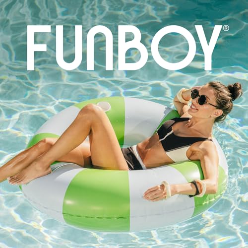 Image of FUNBOY Giant Green & Blue Stripe Inflatable Pool Float with Cup Holder, 48 inch Adult Inner Tube Swim Ring Pool Lounger