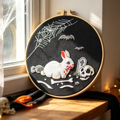 Image of Halloween Embroidery Kits for Beginners Adults, Gothic Rabbit Embroidery DIY Kit, Halloween Cross Stitch Kits Needlepoint Kits for Beginners Adults Woman Gifts, Embroidery Hoop, Thread, Video Tutorial