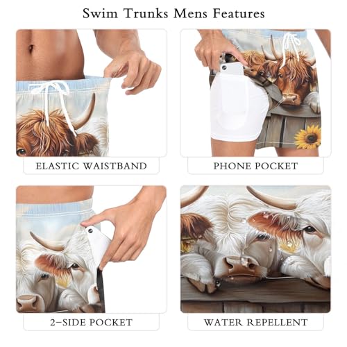 Cows Fence Cute Sunflower Mens Swim Trunks with Liner, Cool Quick Dry Beach Swim Shorts, Swimwear Bathing Suits S3