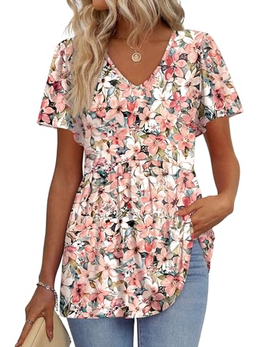 Image of OFEEFAN Womens Summer Tops Babydoll Short Sleeve Shirts Puff Sleeve Peplum Tops V Neck T Shirts