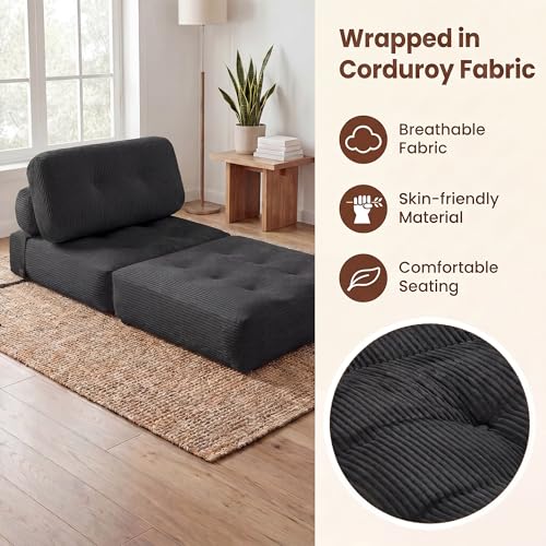 Image of COSTWAY Folding Sofa Bed with Pillow, Convertible Couch (Black) | with Backrest & Fixing Straps, Boneless Convertible Sleeper Chair for Adults, Guest Use, Living Room