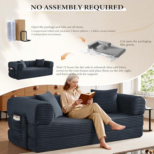Image of Boneless Couch Futon Sofa Bed Sectional Couches for Living Room,Cloud Couch with Sleeper Sofa,Sofas for Living Room Oversized Corduroy Upholstered (Gray, 81 Inches (with Iron Frame))