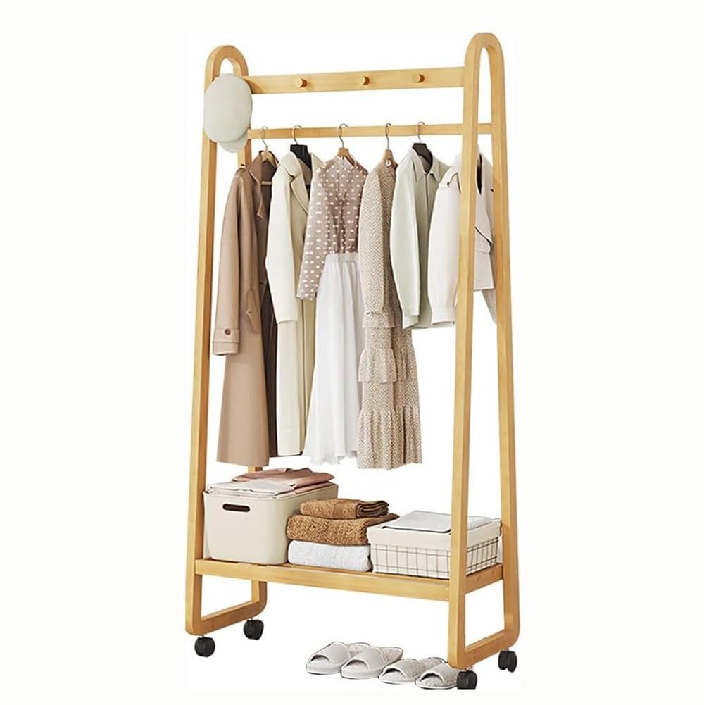 OLSKFUH Pull-Out Trouser Rack Removable Pull-Out Rack Wardrobe Storage Expandable Space Saving Drawer-Style Hanger Rod Rolling Trolley,Bamboo Freestanding Clothes Rack With 5 She,A-80x39x165cm