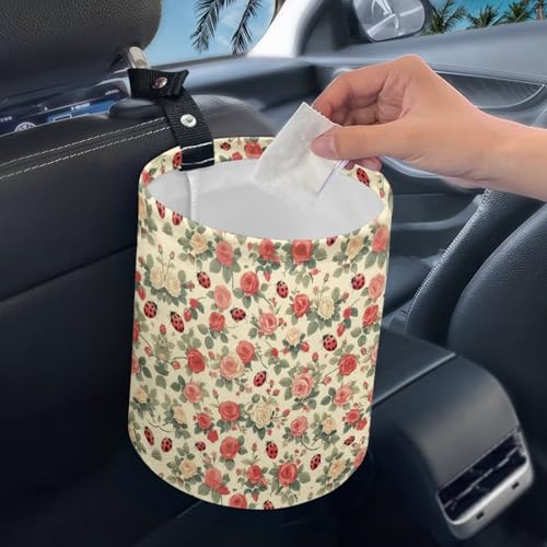 Image of Rose Ladybird Car Front Seat Can Leak Proof Auto Trash Basket Vehicle Foldable Hanging Console Front Seat Car Garbage Bag for Front Seat, Back Seat