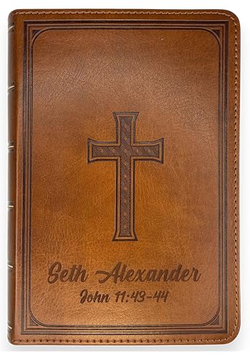 Personalized Compact Large Print Bible KJV Faux Leather Holy Bible Custom Name 3 Rows of Text & Red-Highlighted Verses Personal Gift for Christian & Religious Celebrations | Brown