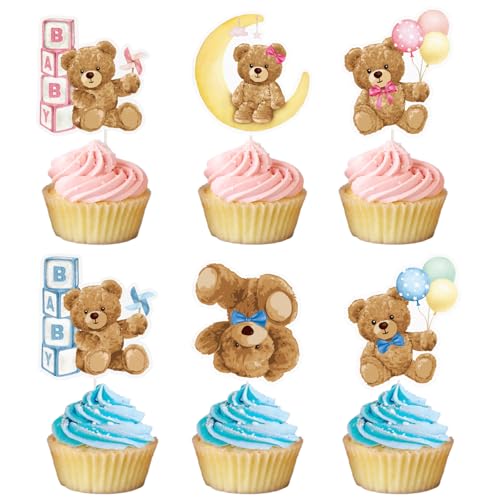 30pcs Bear Gender Reveal Decorations Cupcake Toppers Bear Gender Reveal Cake Decorations Boy Girl Twins Baby Shower