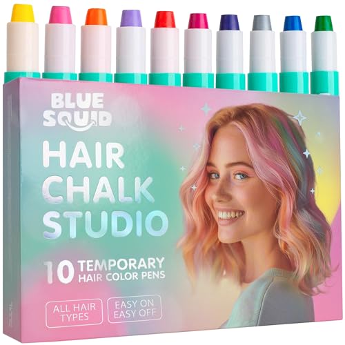 Blue Squid Hair Chalk for Girls Pens – 10 Vibrant Temporary Hair Colour Chalks for Kids - Ideal Christmas, Birthday Gifts for Girls & Teens - Kid Safe, Washable Hair Dye for Ages 6 7 8 9 10 11 12