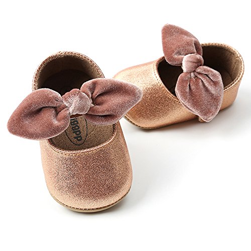 SOFMUO Antheron Baby Girls Non-Slip Mary Jane Flats with Bowknot Toddler First Walker Sandals Princess Dress Shoes (Champagne Gold,0-6 Month)