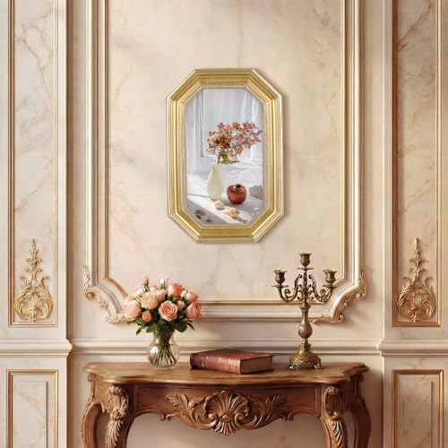 Image of Wonderjune 7x9 Inch Vintage Gold Picture Frame, Carved Resin Antique Ornate Frame for Tabletop or Wall Hanging Display, Victorian Baroque Home Decor(Octagon)