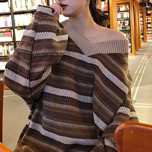 Gothic Clothing Women's Vintage Striped Sweater Oversized Casual Crewneck Knit Long-Sleeved Top Y2K Fashion Streetwear2