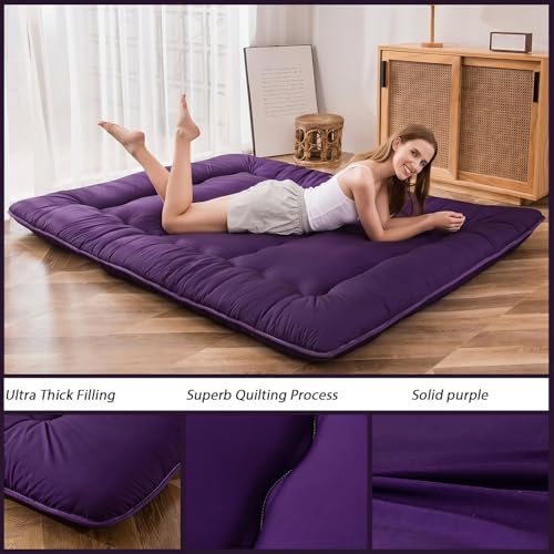 Image of MAXYOYO Japanese Floor Futon Mattress, Roll Up Floor Mattress for Adults Foldable Tatami Mat Sleeping Pad Dormitory Couch Lounger, Purple, Twin Size