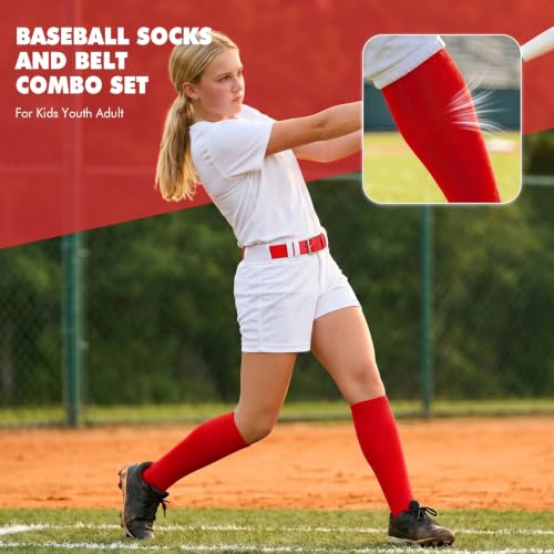 Image of WHIPPY Baseball Socks and Belt Combo Set Knee-High Softball Socks & Adjustable Elastic Belt for Kids Youth Adult