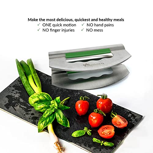 2Kokoro Mezzaluna Salad Chopper Double Blade-Stainless Steel Rocker Knife Chopper W/Protective Cover And Ergonomic Handle For Quick Salad #TOP3