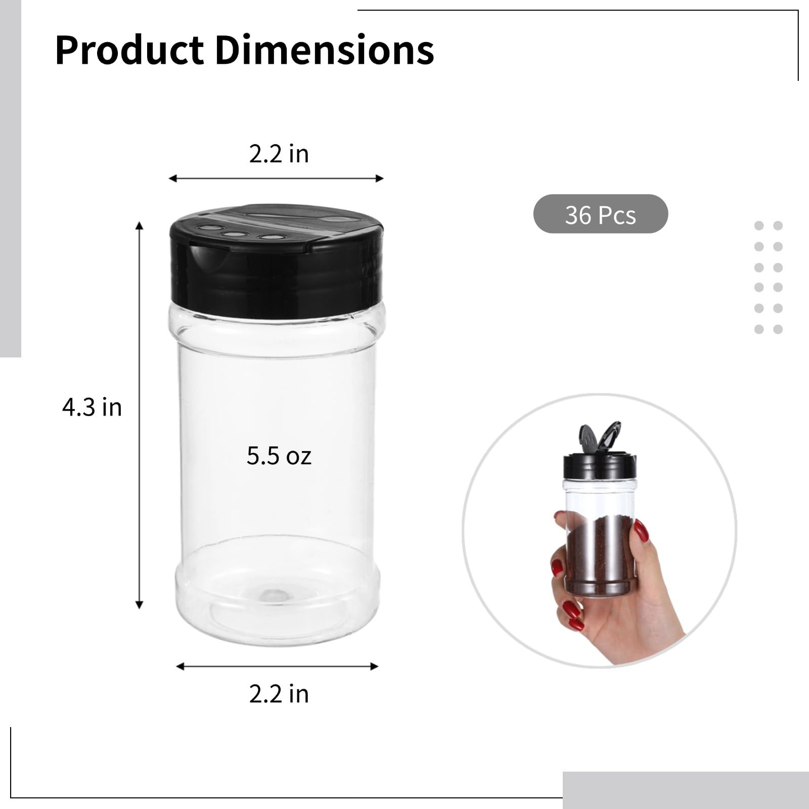 Lot de 36 pots à épices en plastique transparent de 155,9 g avec couvercles à double face et couvercles à vis pour l'organisation de la cuisine