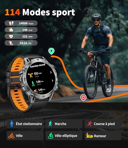 Montre Connectée Homme, 1.7'' HD Montre avec 1000 mAh, Smartwatch Homme Appel Bluetooth, Militaire LED Lampe, Fréquence Cardiaque, Moniteur de Sommeil, 114 Modes Sport, IP68 Étanche pour Android/iOS – Image 6