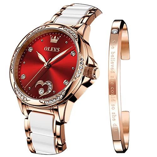 Image of OLEVS Watches for Women Dress Roman Numerals Diamonds Stainless Steel Waterproof Silver Designer Metal Date Expanding Bracelet Ladies Wrist Watch, Red, strap