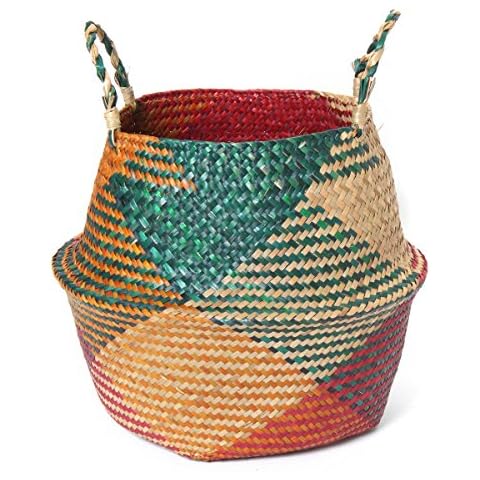 Seagrass Basket Natural Belly Basket Planter Handmade Laundry Toys Basket With Handle Red 38x26cm Cover